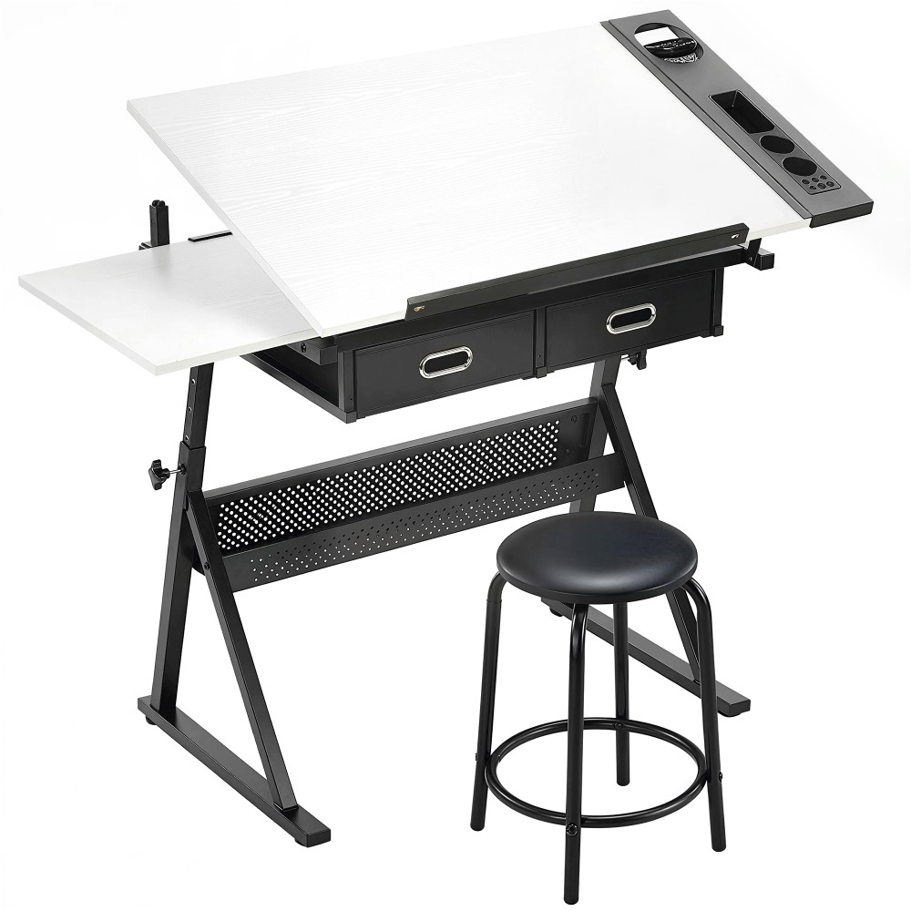 Τραπέζι σχεδίασης ρυθμιζόμενο ύψος, τραπέζι εργασίας με σκαμπό και συρτάρια, λευκό