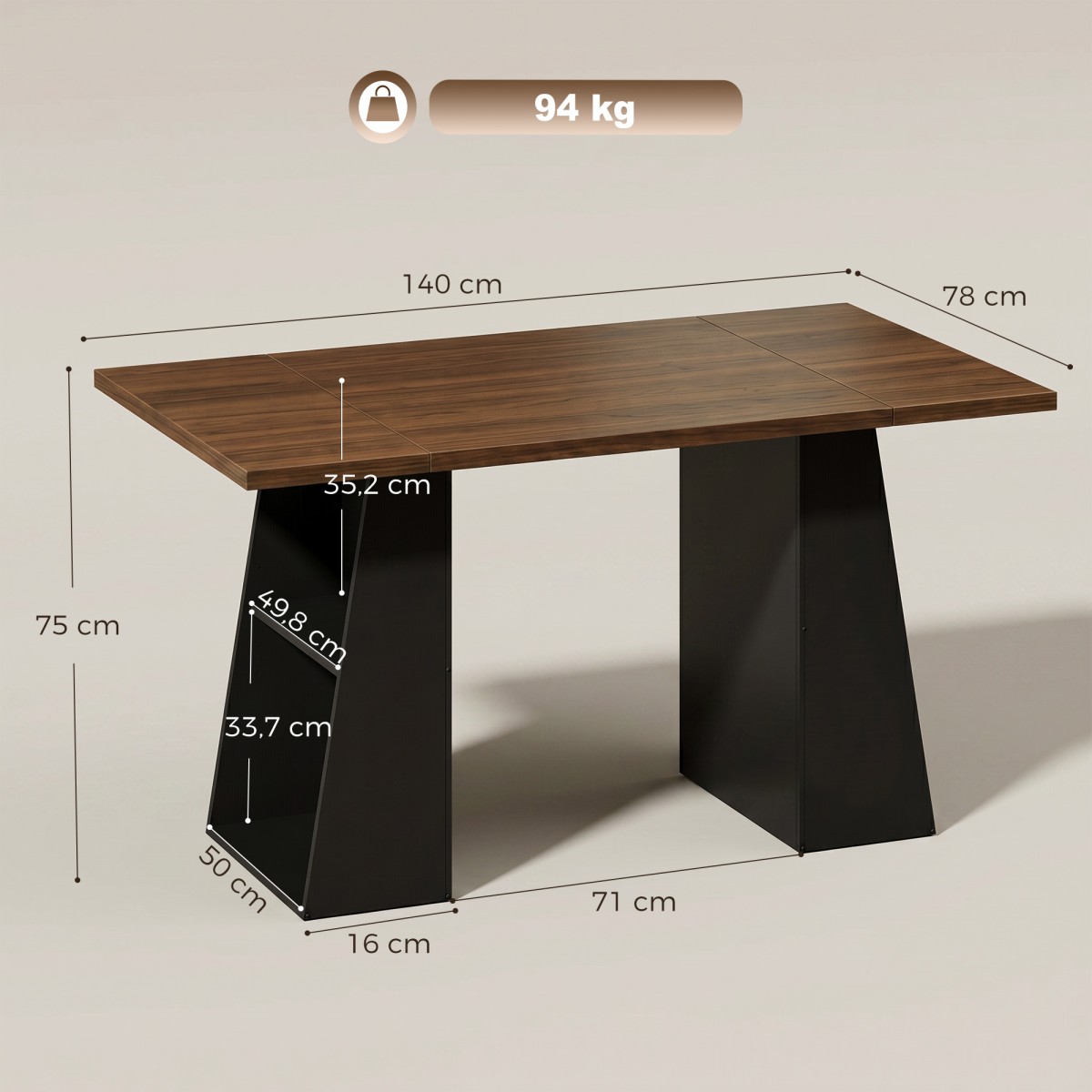 Γραφείο με 4 ανοιχτά ράφια, industrial design, 140 cm, καφέ-μαύρο