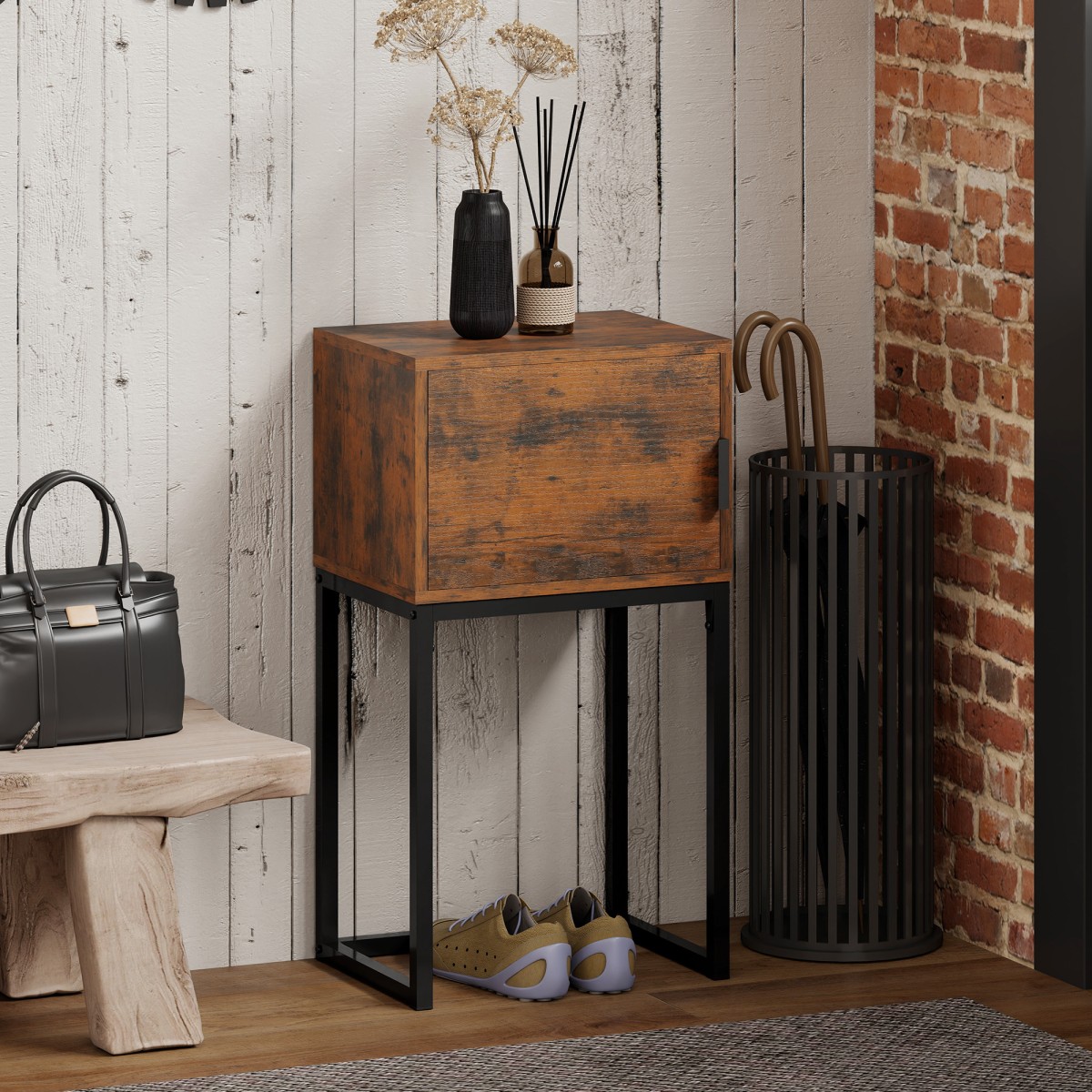 Τραπέζι κονσόλας στενό, ντουλάπι, industrial design, διάδρομος σαλονιού, 40x30x76cm, ρουστίκ καφέ