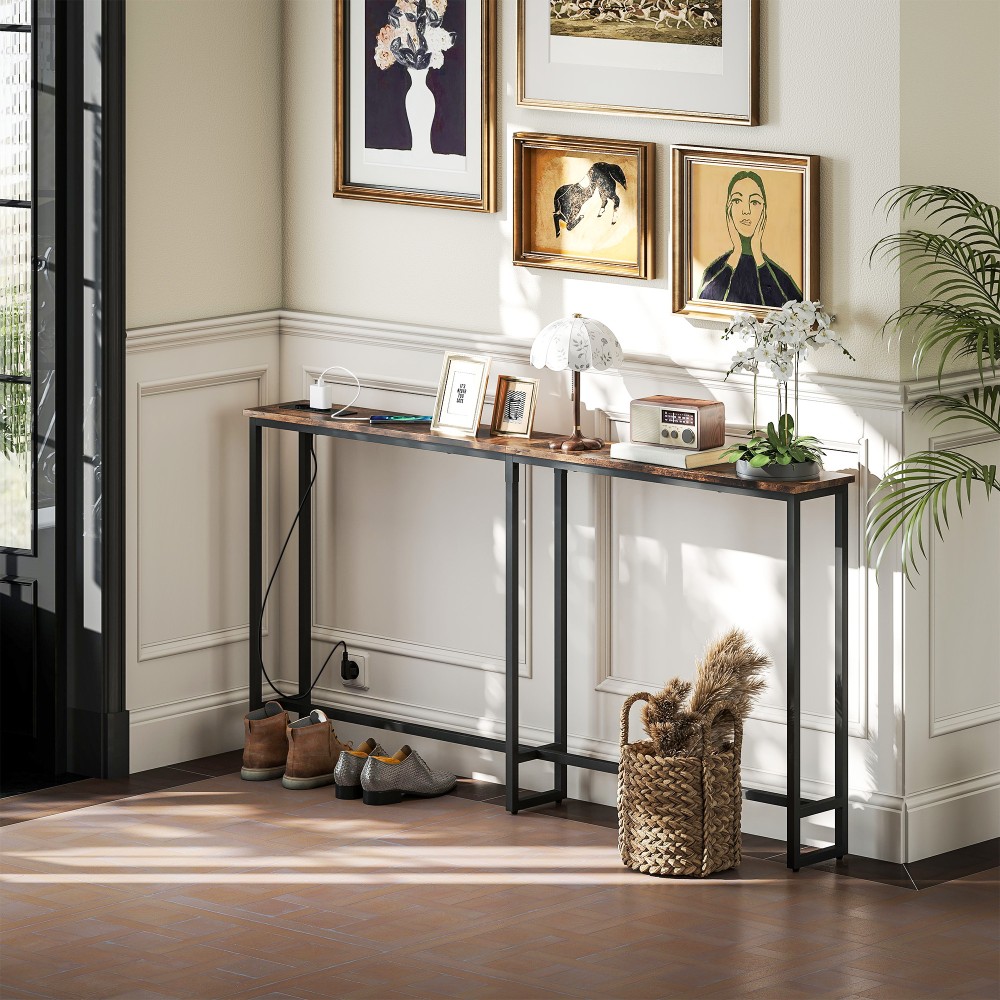 Λεπτό τραπέζι κονσόλας με βάση φόρτισης, industrial style, ατσάλινο σκελετό, καφέ