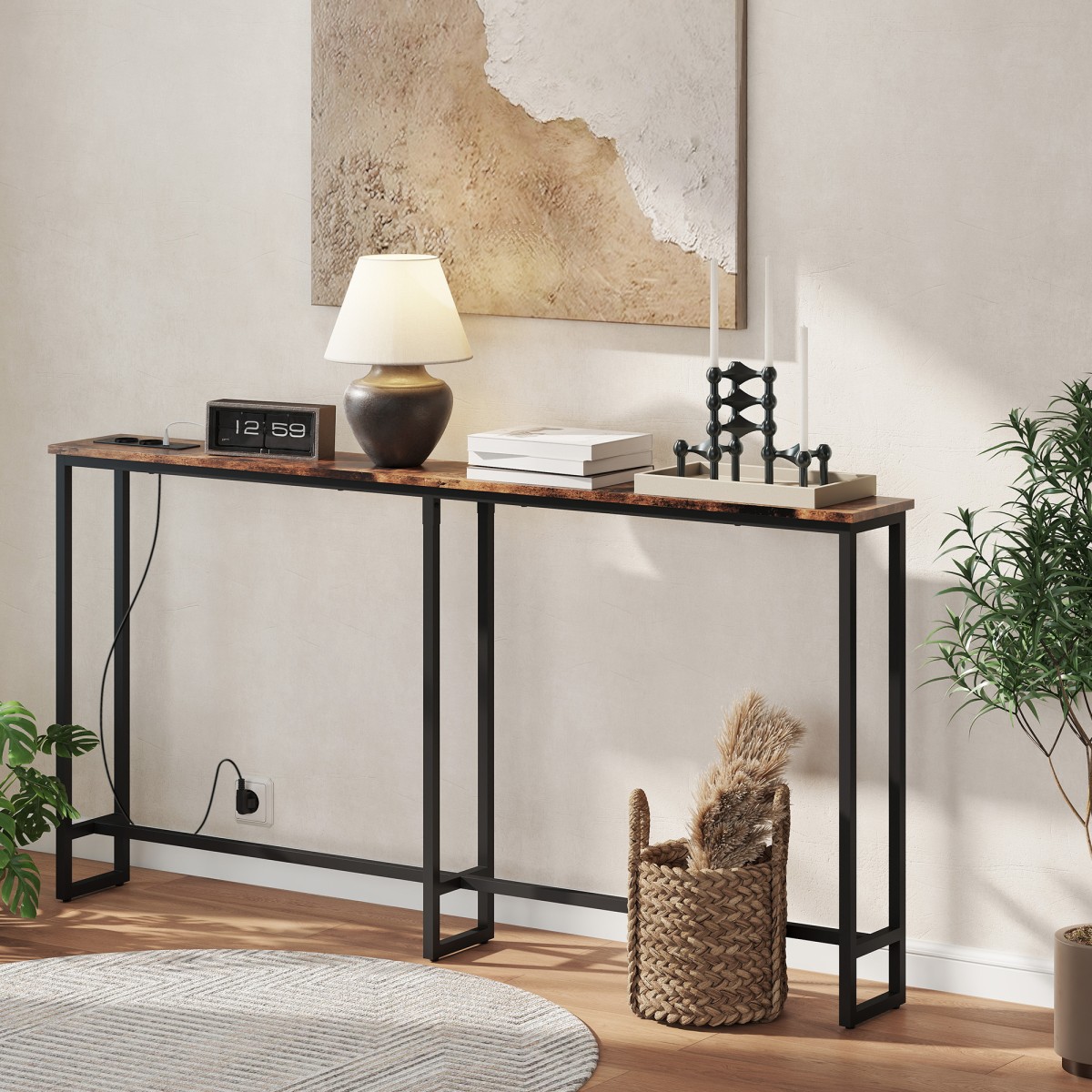 Λεπτό τραπέζι κονσόλας με βάση φόρτισης, industrial style, ατσάλινο σκελετό, καφέ