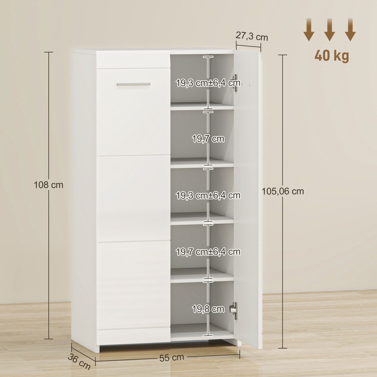 Ντουλάπα παπουτσιών σε high gloss, αποθήκευση παπουτσιών με ρυθμιζόμενα ράφια για διάδρομο, χώρος για 10 ζευγάρια, λευκό
