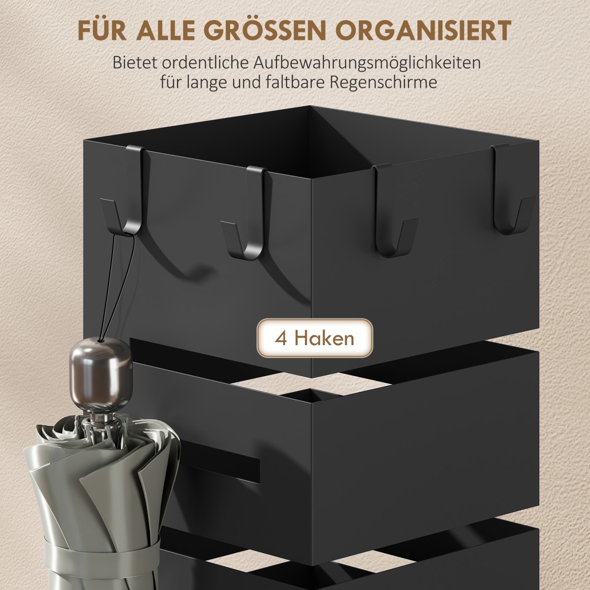 Θήκη ομπρέλας, μεταλλική βάση για ομπρέλες, ανεξάρτητη βάση ομπρέλας με γάντζους και δίσκο συλλογής υγρών, χώρος για 8 ομπρέλες, μαύρο