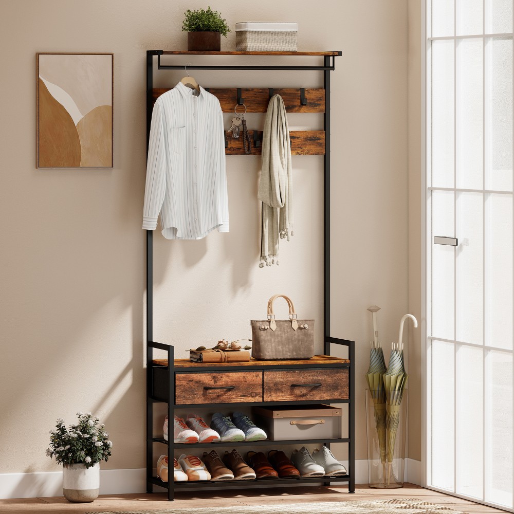 Σχάρα με γάντζους για παλτό, Πάγκος παπουτσιών, Οργανωτής βιομηχανικής εισόδου, ατσάλινο πλαίσιο, ρουστίκ καφέ