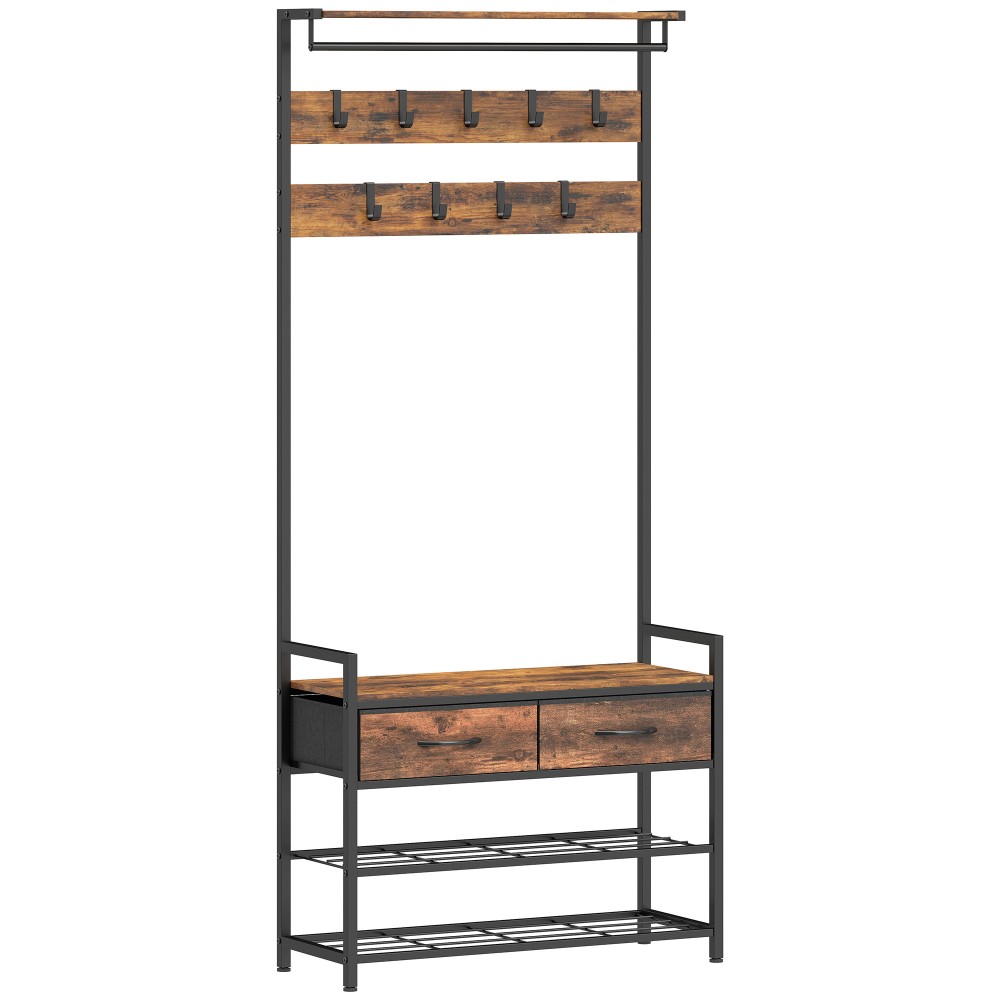 Σχάρα με γάντζους για παλτό, Πάγκος παπουτσιών, Οργανωτής βιομηχανικής εισόδου, ατσάλινο πλαίσιο, ρουστίκ καφέ