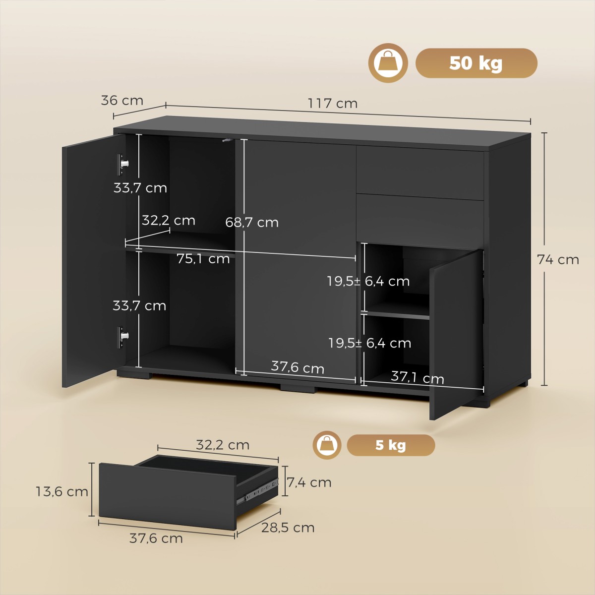 Συρταριέρα μπουφέ, 2 συρτάρια, push-click, 117 cm x 36 cm x 74 cm, μαύρο