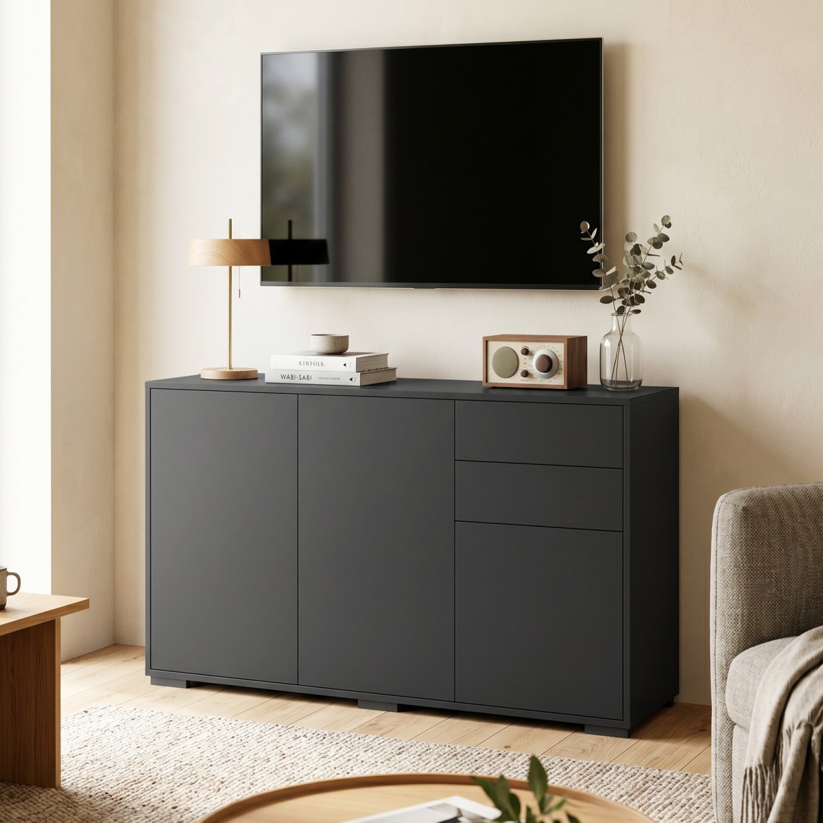 Συρταριέρα μπουφέ, 2 συρτάρια, push-click, 117 cm x 36 cm x 74 cm, μαύρο