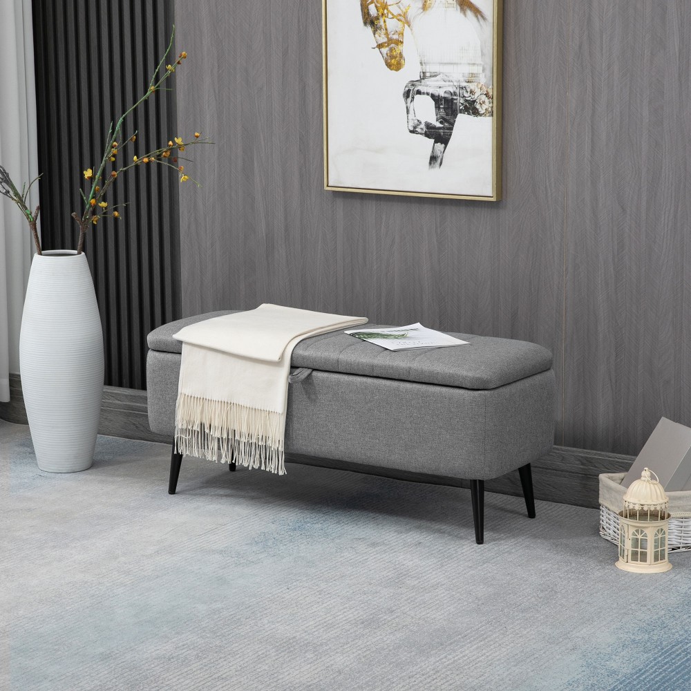 Πάγκος με αποθηκευτικό χώρο Επενδεδυμένος πάγκος με όψη λινάτσας, σεντούκι καθίσματος με ατσάλινα πόδια 102 x 40 x 44 cm, Γκρι