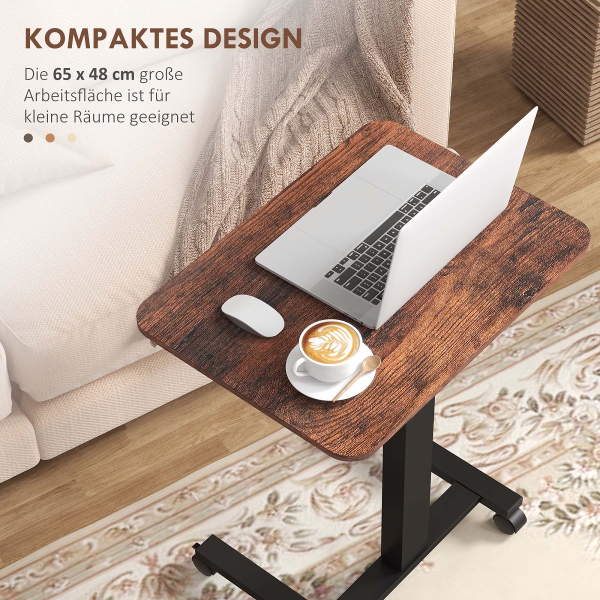 Επιτραπέζιο Μόνιμος Τραπέζι Τραπέζι Laptop Ρυθμιζόμενο Ύψος 4 Τροχοί 65cm x 48cm x 108cm Καφέ + Μαύρο