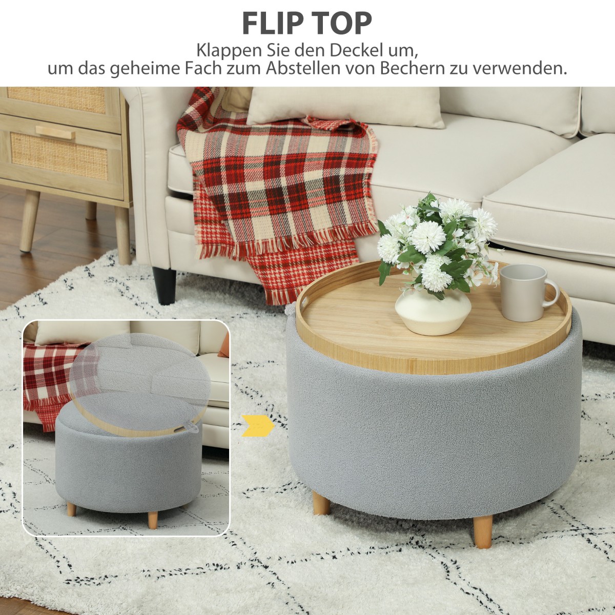 Υποπόδιο Teddy Fleece Κρυφό Αποθηκευτικό Αναστρέψιμο Καπάκι 56cm x 56cm x 42cm Γκρι