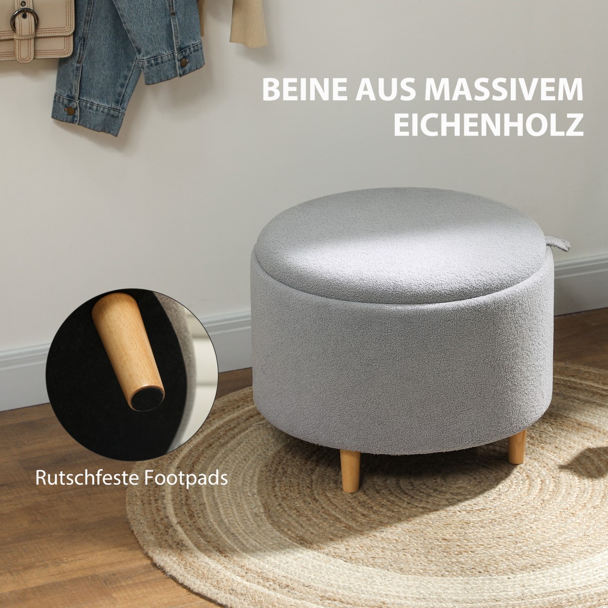 Υποπόδιο Teddy Fleece Κρυφό Αποθηκευτικό Αναστρέψιμο Καπάκι 56cm x 56cm x 42cm Γκρι