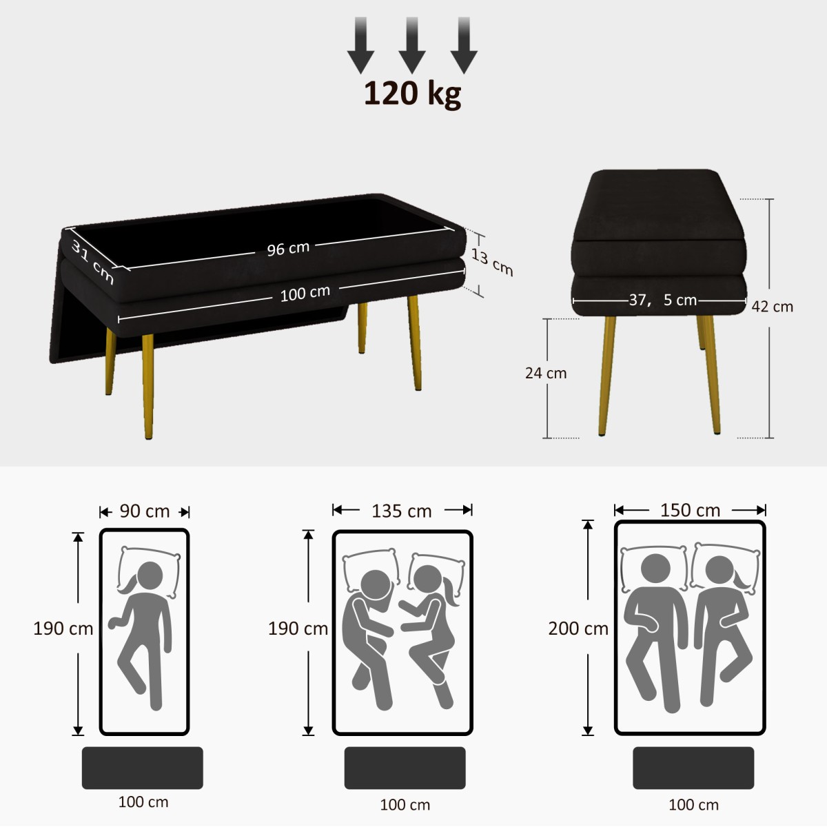 Πάγκος επενδυμένος πάγκος με αποθηκευτικό χώρο, ατσάλι, 100 cm x 37,5 cm x 42 cm, μαύρο