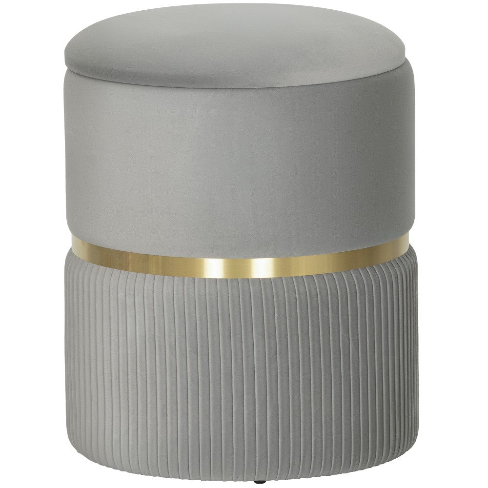 Στρογγυλό σκαμπό αποθήκευσης, σκαμπό επικαλυμμένο με βελούδο με αφαιρούμενο καπάκι, γεμισμένο κάθισμα και κρυφό αποθηκευτικό χώρο, ανοιχτό γκρι