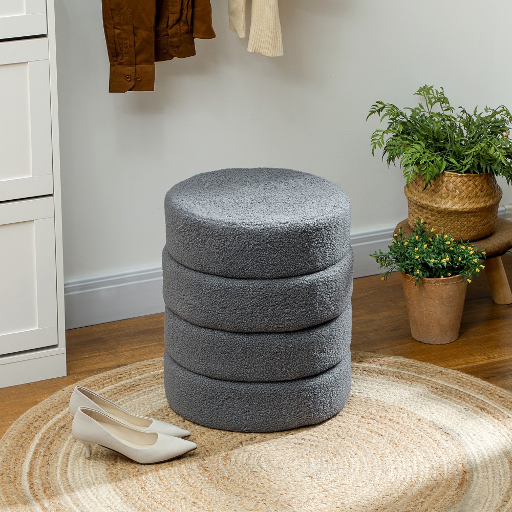Σκαμπό, στρογγυλό, teddy fleece, έως 120kg, Φ40x45H cm, σκούρο γκρι