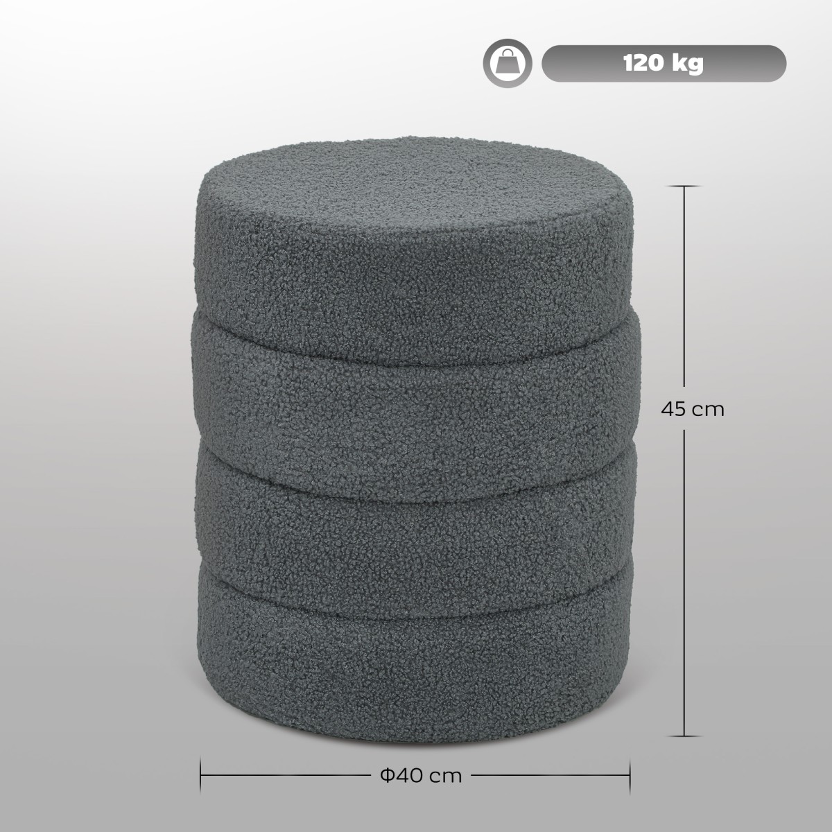 Σκαμπό, στρογγυλό, teddy fleece, έως 120kg, Φ40x45H cm, σκούρο γκρι
