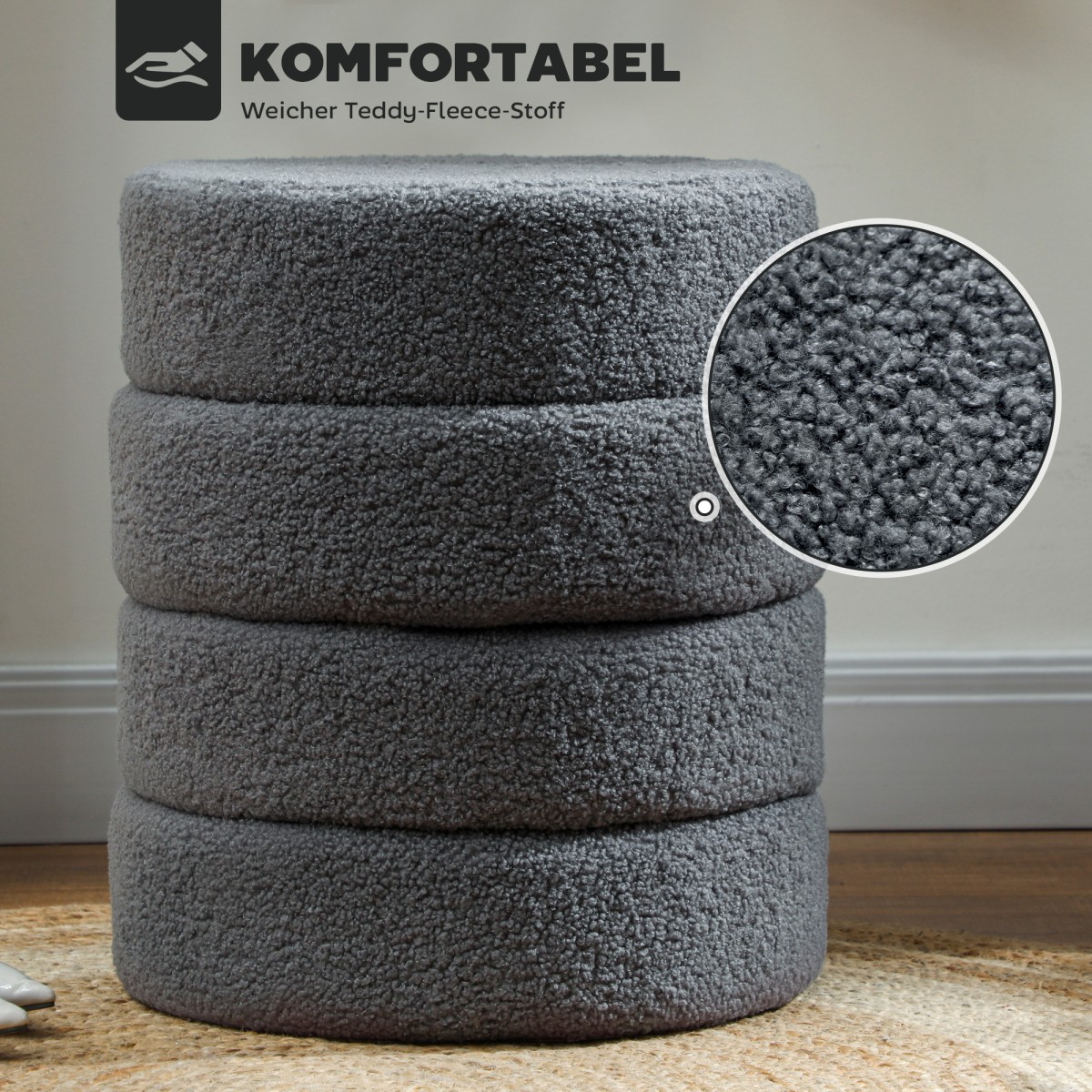 Σκαμπό, στρογγυλό, teddy fleece, έως 120kg, Φ40x45H cm, σκούρο γκρι