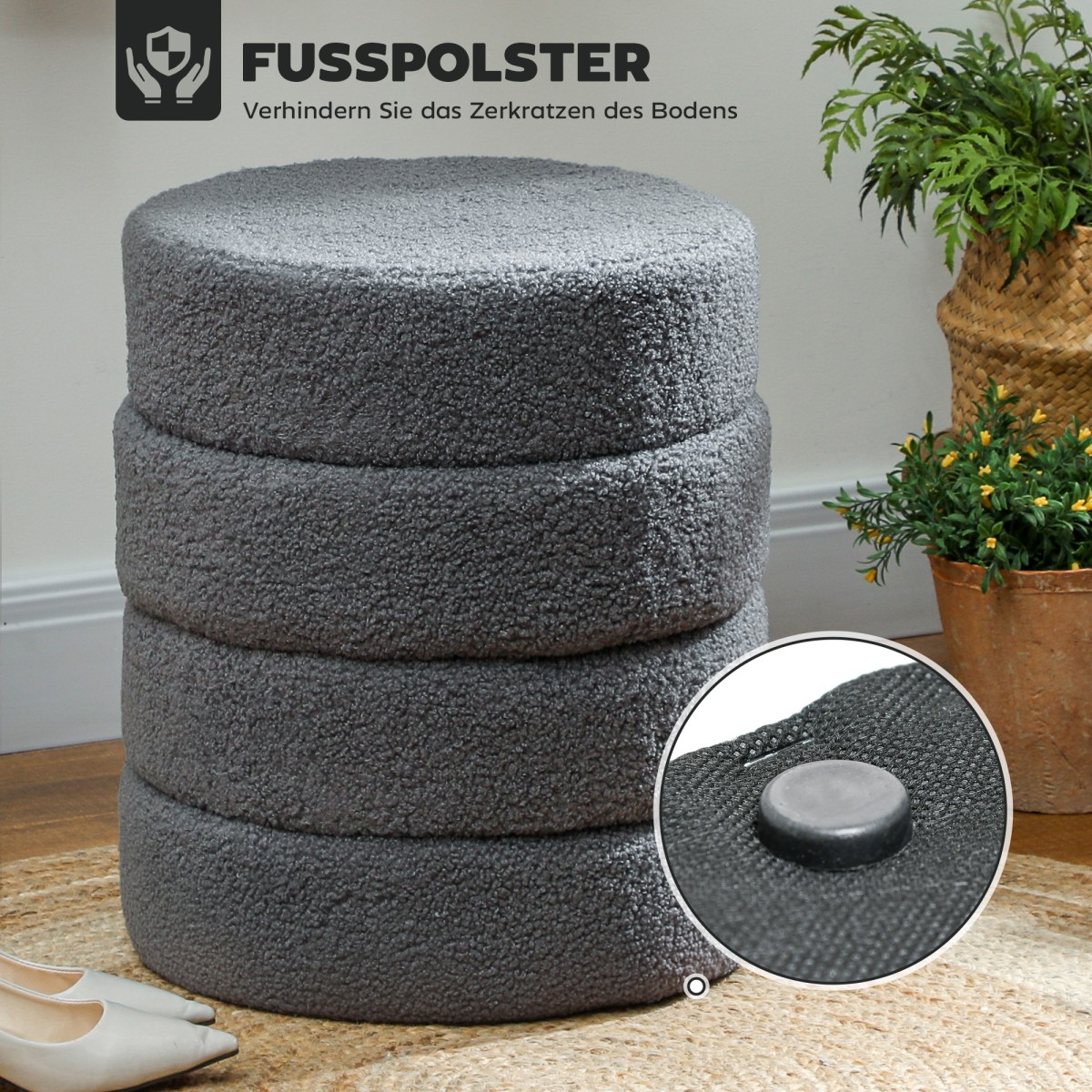 Σκαμπό, στρογγυλό, teddy fleece, έως 120kg, Φ40x45H cm, σκούρο γκρι
