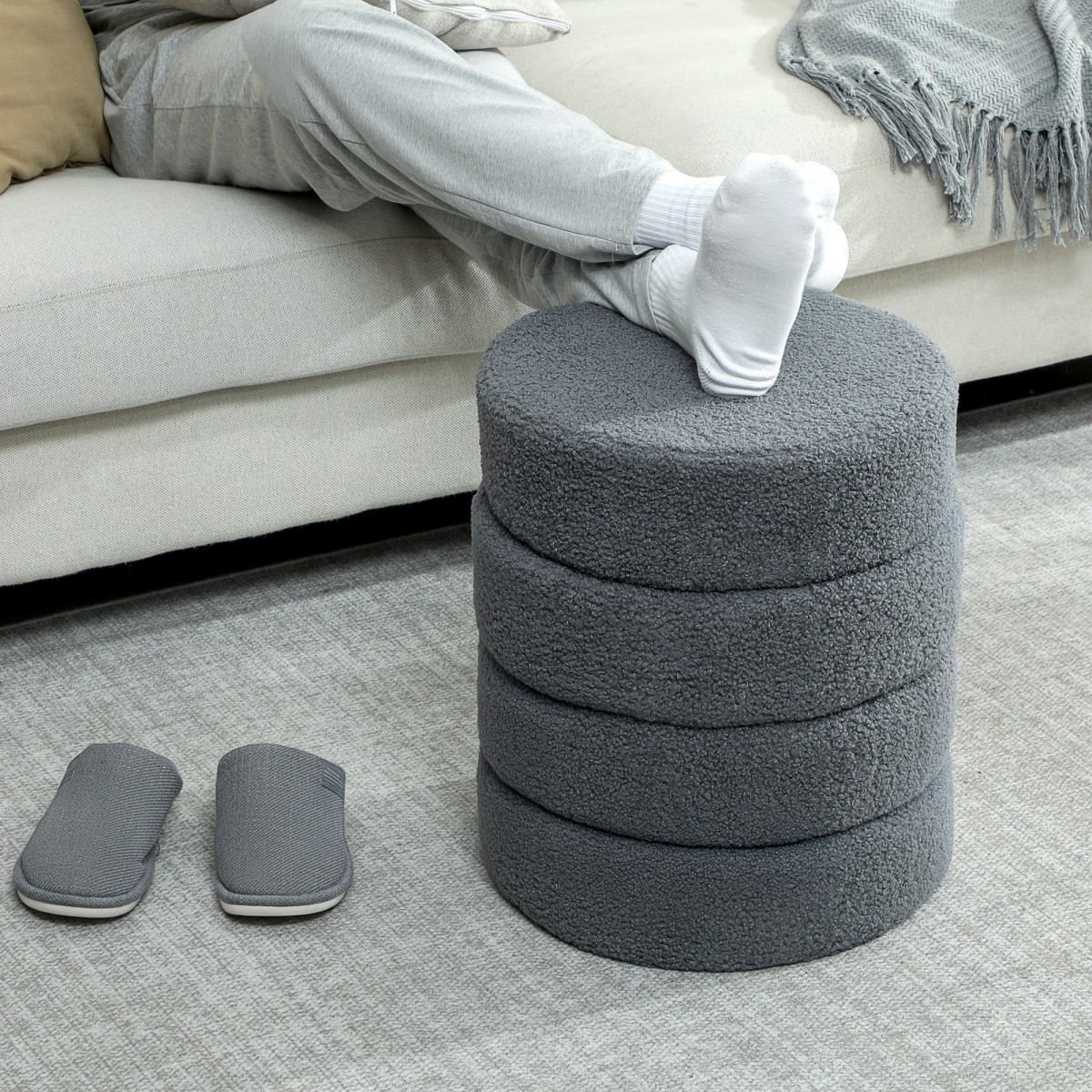 Σκαμπό, στρογγυλό, teddy fleece, έως 120kg, Φ40x45H cm, σκούρο γκρι