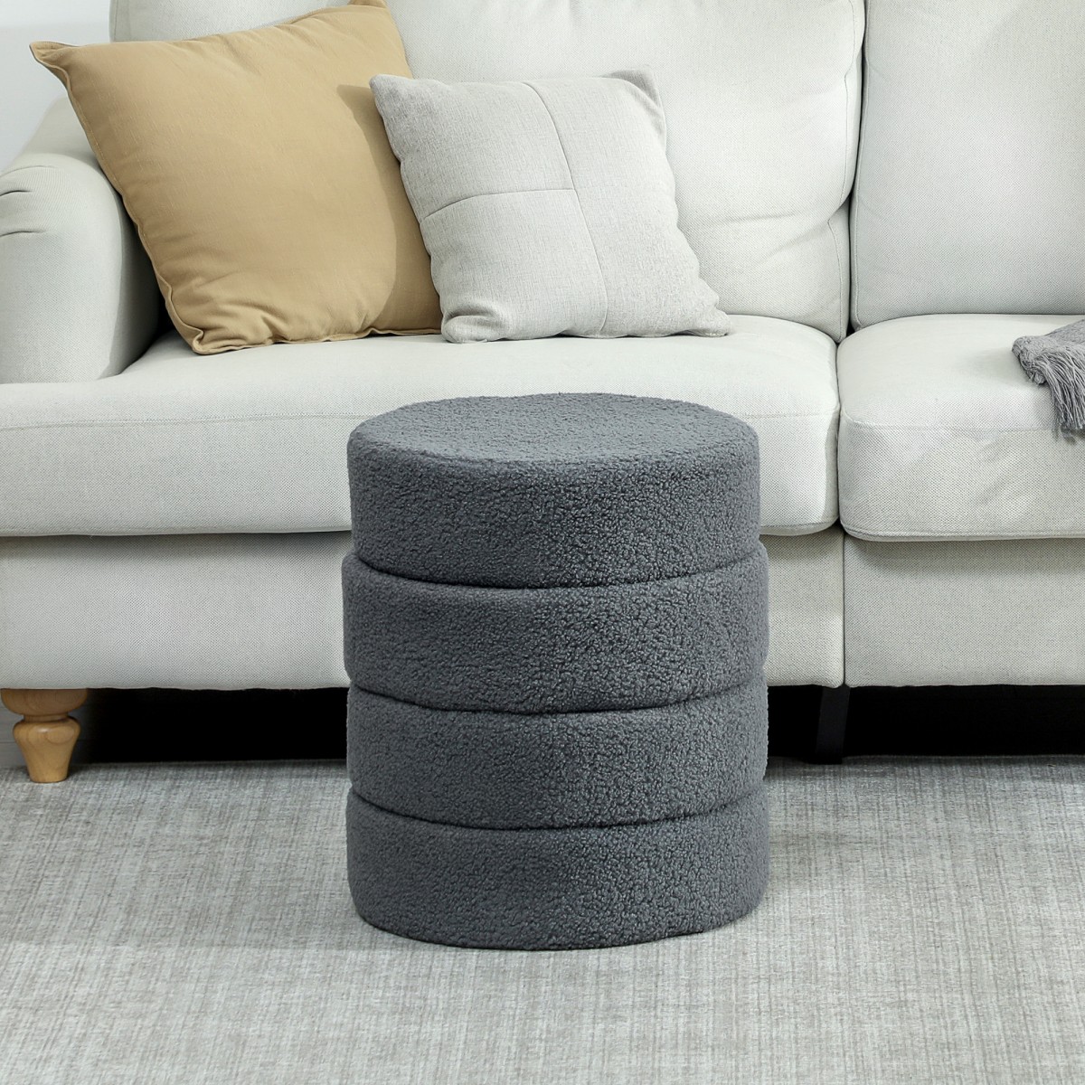 Σκαμπό, στρογγυλό, teddy fleece, έως 120kg, Φ40x45H cm, σκούρο γκρι