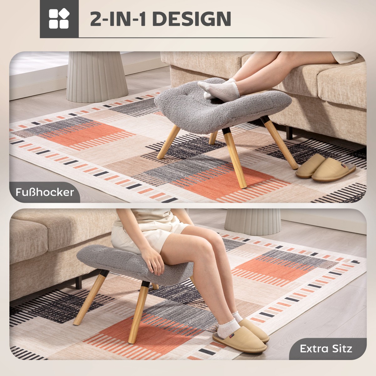 HOMCOM Μοντέρνο υποπόδιο με κάλυμμα fleece και ξύλινα πόδια, επενδυμένο, για σαλόνι, υπνοδωμάτιο, διάδρομο, ανοιχτό γκρι