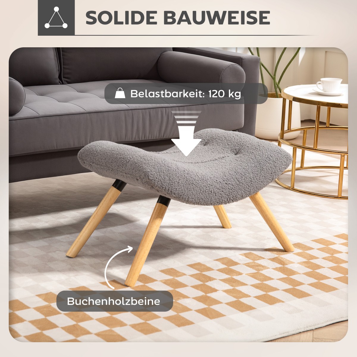 HOMCOM Μοντέρνο υποπόδιο με κάλυμμα fleece και ξύλινα πόδια, επενδυμένο, για σαλόνι, υπνοδωμάτιο, διάδρομο, ανοιχτό γκρι