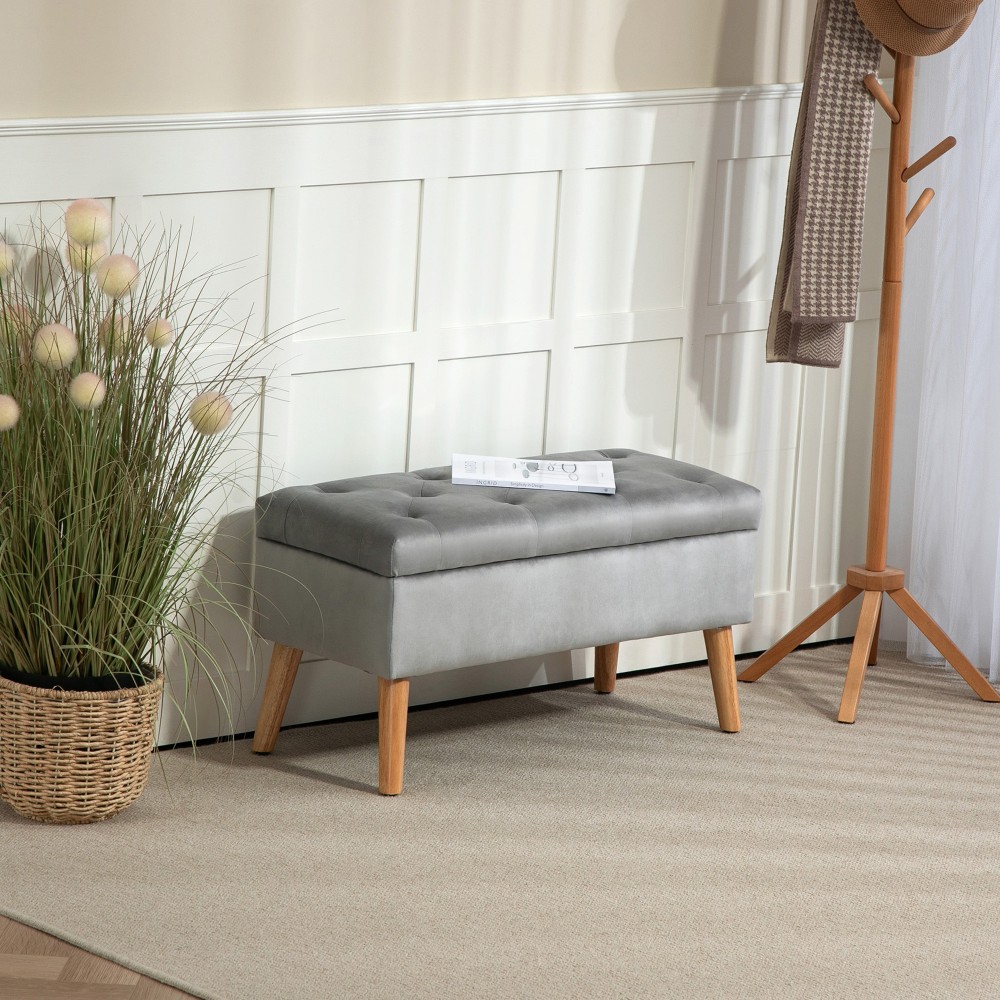 HOMCOM Ταπετσαρισμένο παγκάκι με αποθηκευτικό χώρο, κάλυμμα υφάσματος από βελούδο, ξύλινα πόδια, για σαλόνι, υπνοδωμάτιο, διάδρομο, 80 x 35 x 42 cm, Γκρι