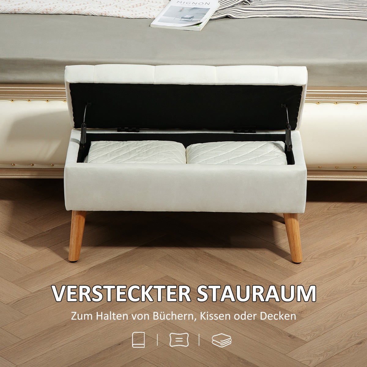 Επενδυμένος πάγκος με αποθηκευτικό χώρο, υφασμάτινο κάλυμμα με βελούδινη εμφάνιση, ξύλινα πόδια, για σαλόνι, κρεβατοκάμαρα, διάδρομο, 80 x 35 x 42 cm, λευκό