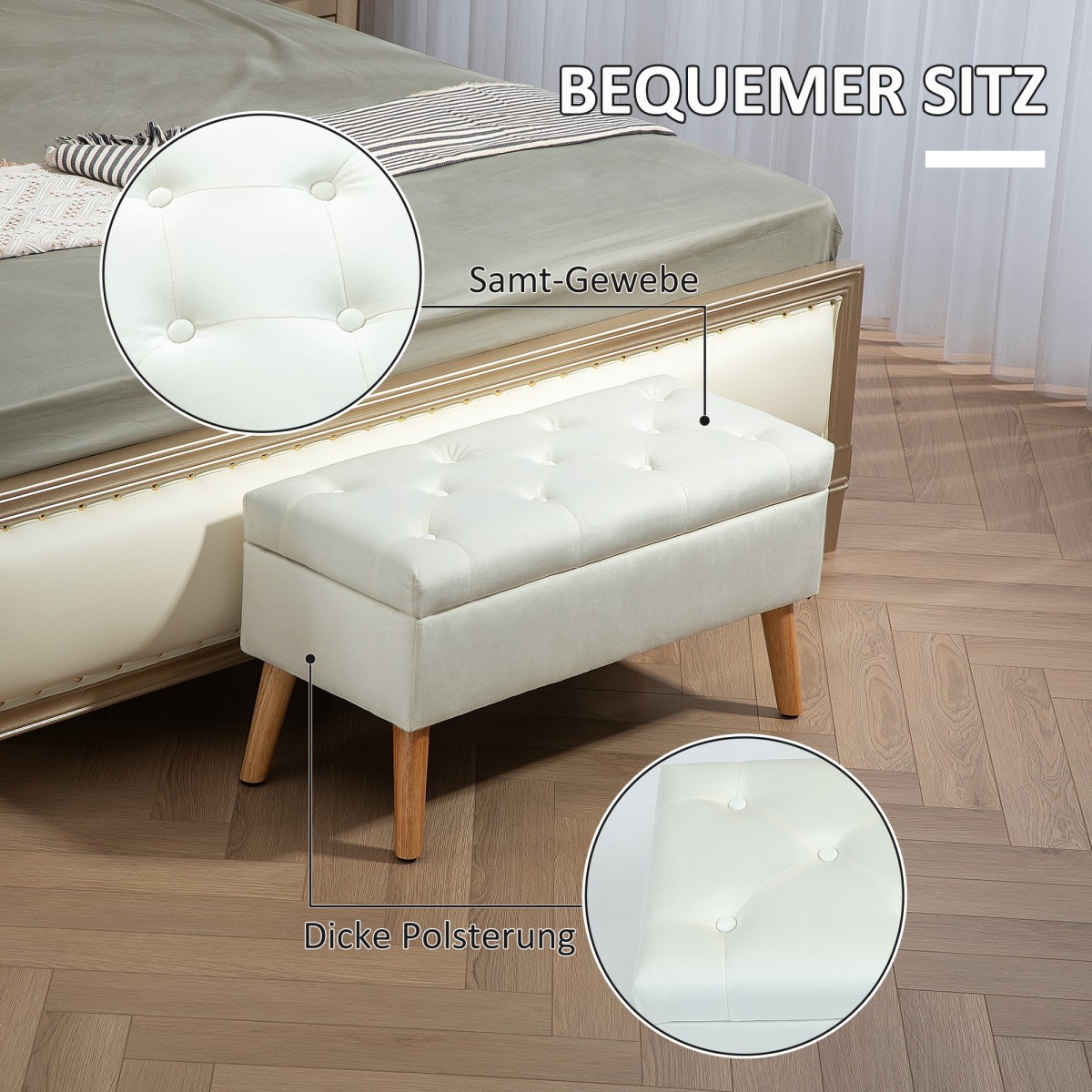 Επενδυμένος πάγκος με αποθηκευτικό χώρο, υφασμάτινο κάλυμμα με βελούδινη εμφάνιση, ξύλινα πόδια, για σαλόνι, κρεβατοκάμαρα, διάδρομο, 80 x 35 x 42 cm, λευκό