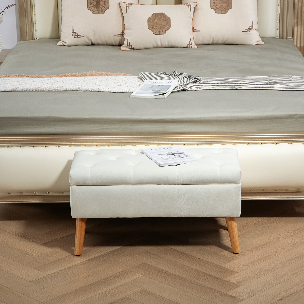 Επενδυμένος πάγκος με αποθηκευτικό χώρο, υφασμάτινο κάλυμμα με βελούδινη εμφάνιση, ξύλινα πόδια, για σαλόνι, κρεβατοκάμαρα, διάδρομο, 80 x 35 x 42 cm, λευκό