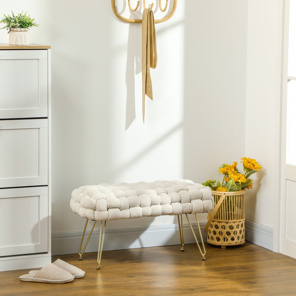 HOMCOM Μοντέρνο σκαμπό με μεταλλικά πόδια, ταπετσαρισμένο κάθισμα, για σαλόνι, υπνοδωμάτιο, διάδρομο, κρεμ λευκό