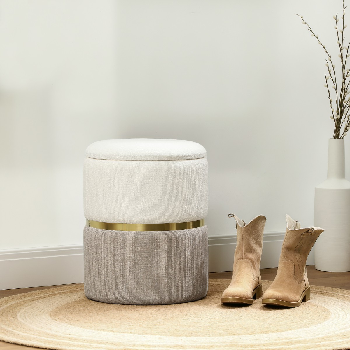 HOMCOM Σκαμπό με αποθηκευτικό χώρο, σκαμπό με καπάκι, μεταλλικό δακτύλιο, δίχρωμο σχέδιο 36 x 36 x 44 cm Κρεμ λευκό