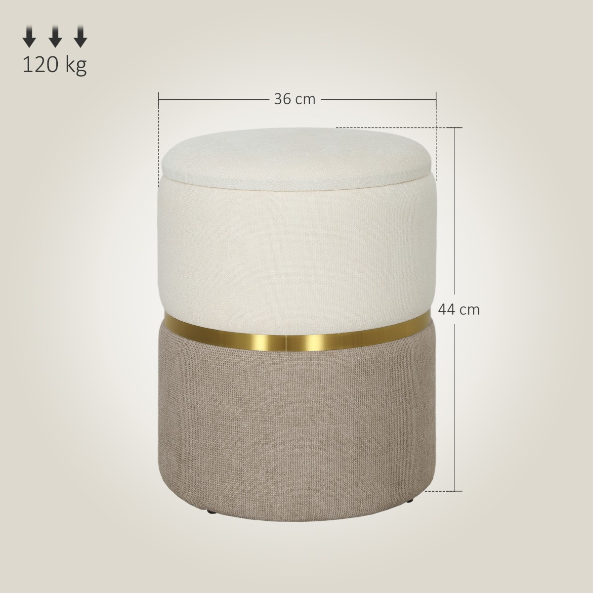 HOMCOM Σκαμπό με αποθηκευτικό χώρο, σκαμπό με καπάκι, μεταλλικό δακτύλιο, δίχρωμο σχέδιο 36 x 36 x 44 cm Κρεμ λευκό