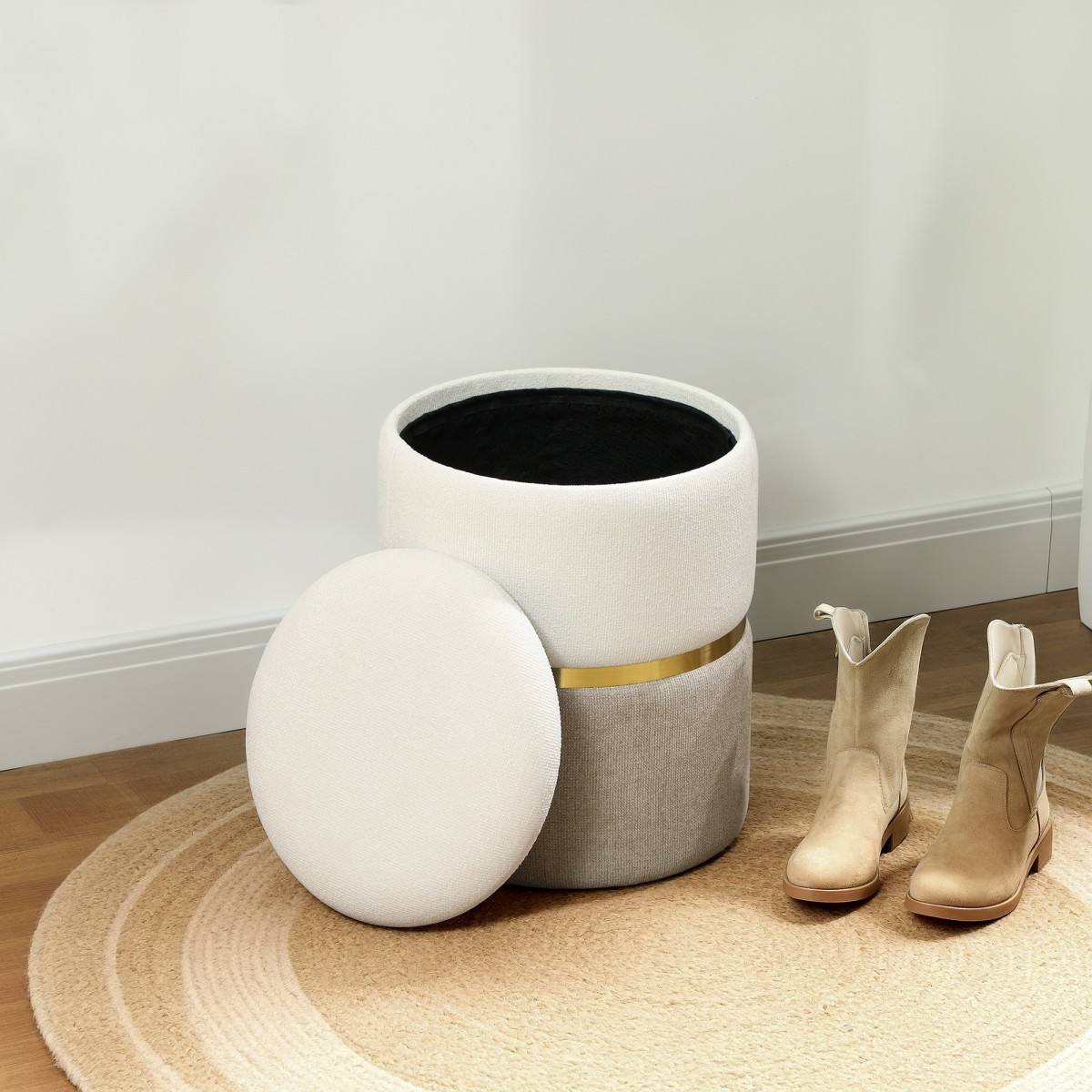 HOMCOM Σκαμπό με αποθηκευτικό χώρο, σκαμπό με καπάκι, μεταλλικό δακτύλιο, δίχρωμο σχέδιο 36 x 36 x 44 cm Κρεμ λευκό