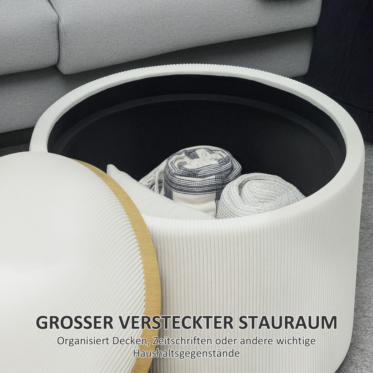 HOMCOM Σκαμπό αποθήκευσης με αποθηκευτικό χώρο, στρογγυλό, υποπόδιο, ύφασμα κοτλέ, MDF, Κρεμ λευκό