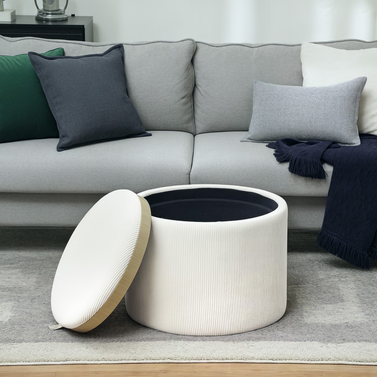 HOMCOM Σκαμπό αποθήκευσης με αποθηκευτικό χώρο, στρογγυλό, υποπόδιο, ύφασμα κοτλέ, MDF, Κρεμ λευκό