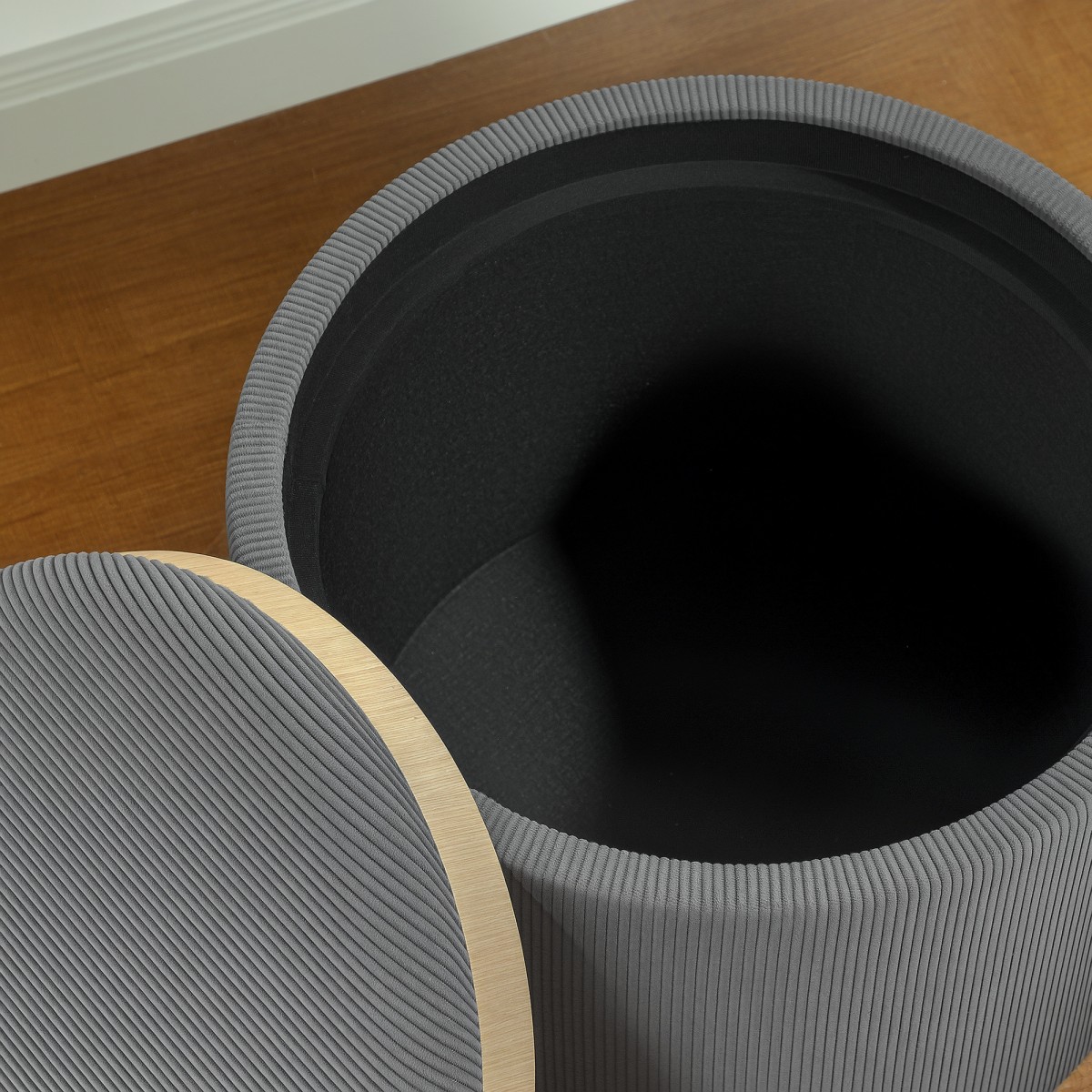 HOMCOM σκαμπό αποθήκευσης με αποθηκευτικό χώρο, στρογγυλό, υποπόδιο, ύφασμα κοτλέ, MDF, Γκρι