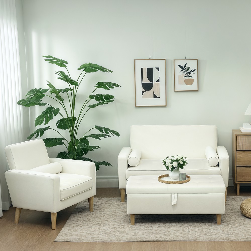 HOMCOM Σκαμπό με αποθηκευτικό χώρο, ξύλινα πόδια, μαλακή υφασμάτινη επένδυση, κρεμ λευκό