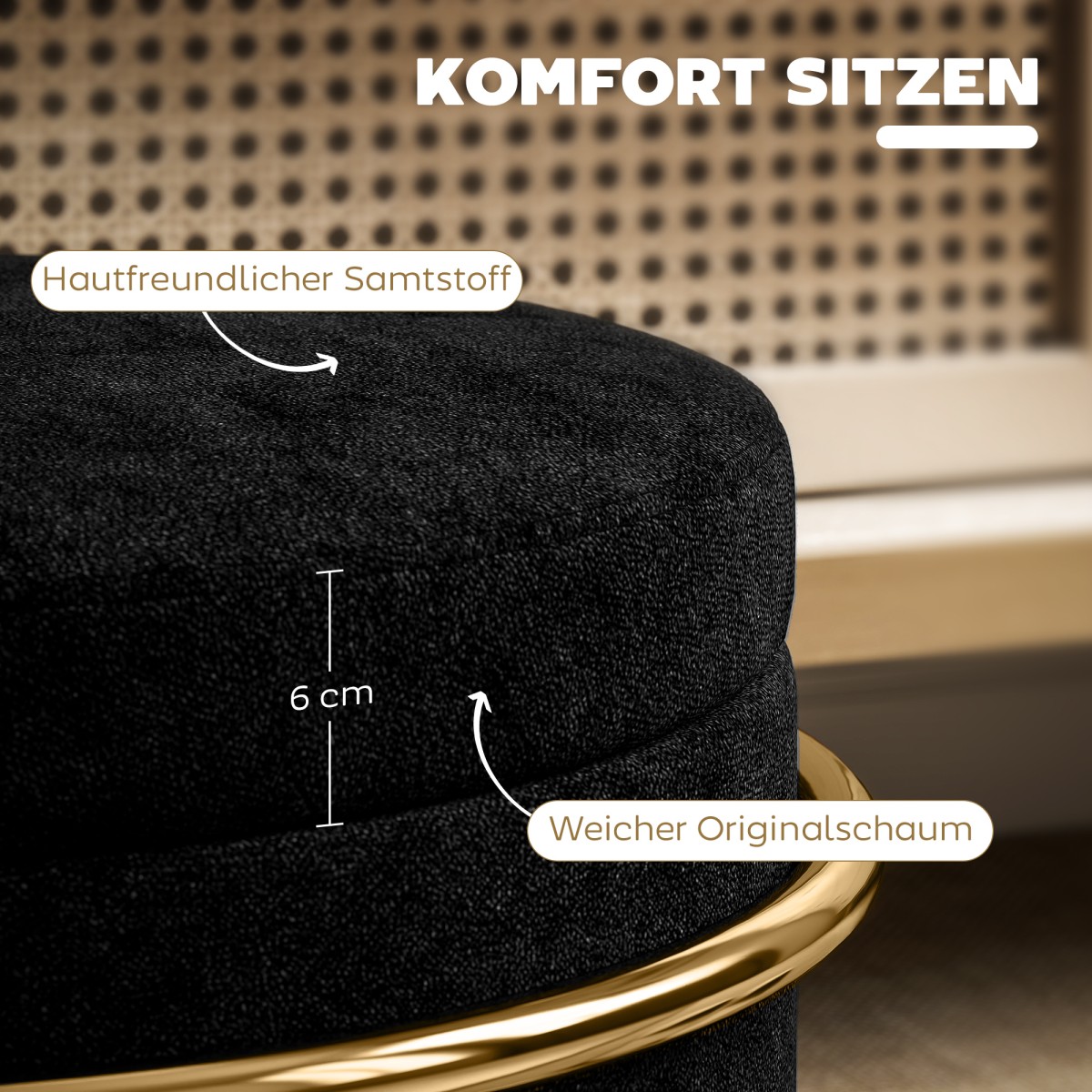 HOMCOM Σκαμπό με Αποθηκευτικό Χώρο, Ταμπουρέ με Επένδυση, Μεταλλικός Σκελετός, Χρυσό, Μαύρο