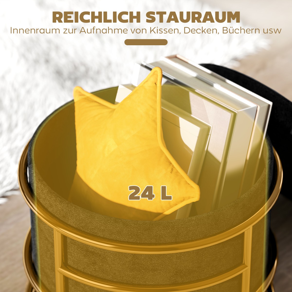 HOMCOM Σκαμπό με Αποθηκευτικό Χώρο, Ταμπουρέ με Επένδυση, Μεταλλικός Σκελετός, Χρυσό, Μαύρο