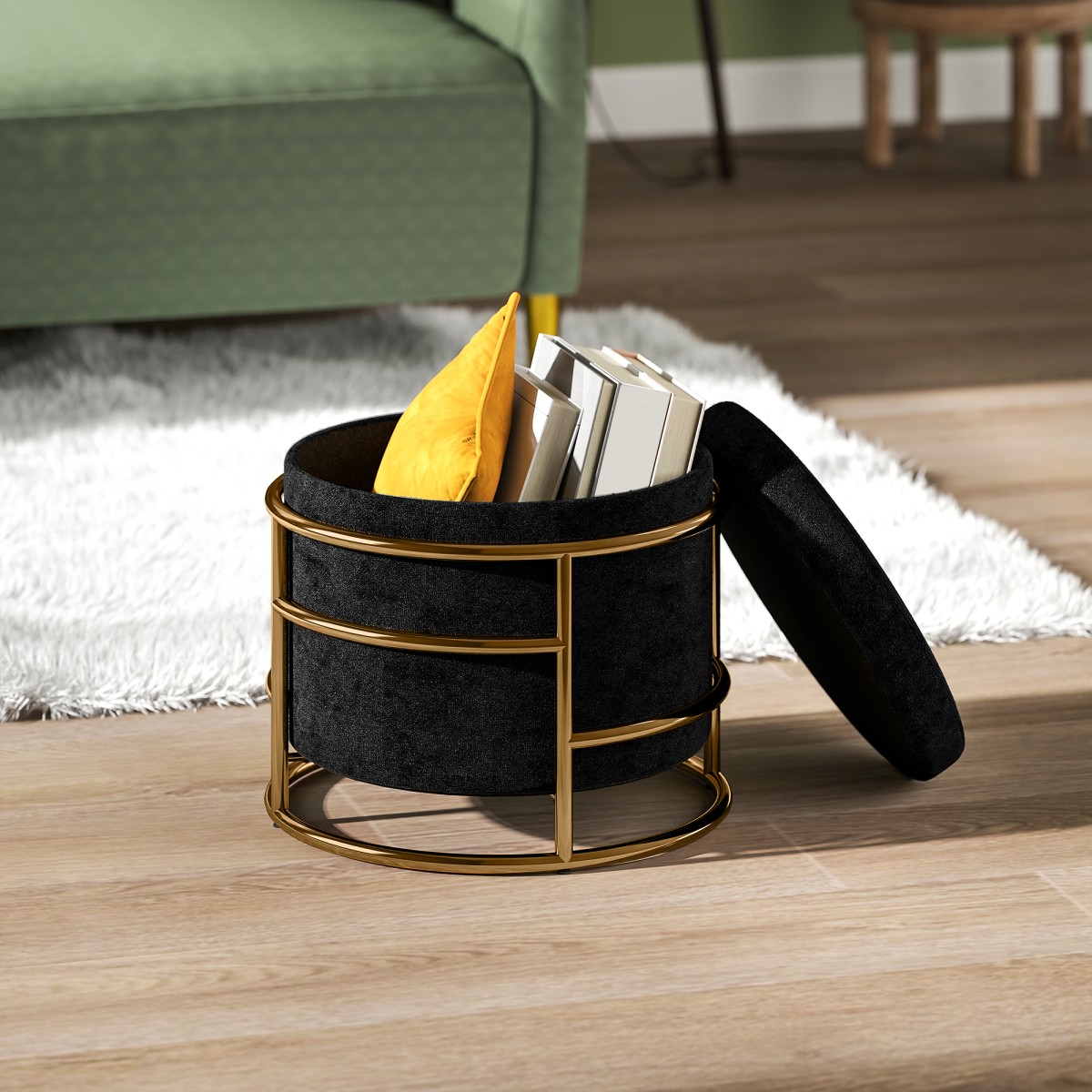 HOMCOM Σκαμπό με Αποθηκευτικό Χώρο, Ταμπουρέ με Επένδυση, Μεταλλικός Σκελετός, Χρυσό, Μαύρο