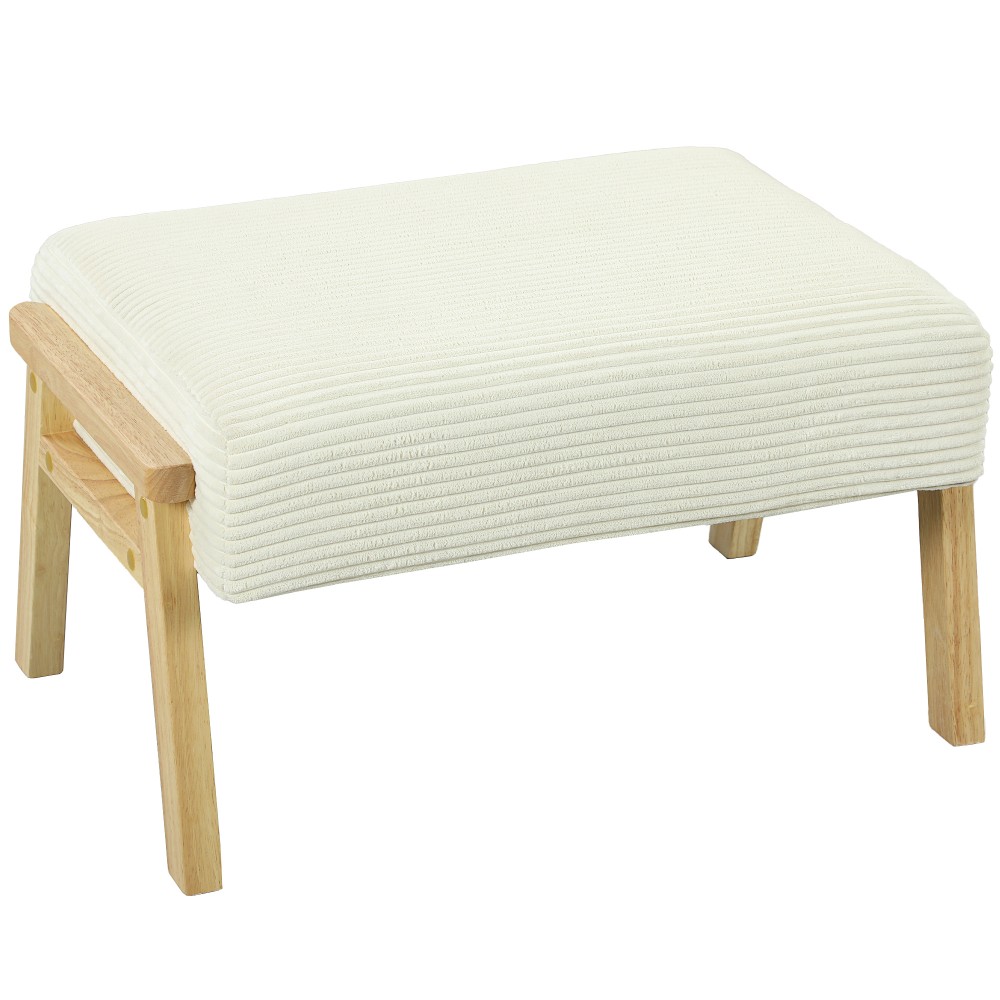 HOMCOM Σκαμπό, Μαλακό Κάθισμα, Ξύλινα Πόδια, Υποπόδιο με Υφή Κορντουρέ, Κρεμ Λευκό