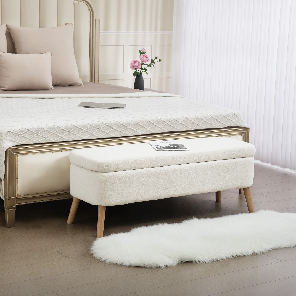 HOMCOM Σκαμπό αποθήκευσης, σκαμπό με 65 L αποθηκευτικό χώρο, υποπόδιο, ύφασμα fleece, ξύλο καουτσούκ, αφρός, 120 x 42 x 45 cm, κρεμ λευκό