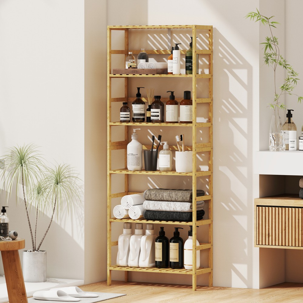 Ράφι 6 επιπέδων από μπαμπού, ρυθμιζόμενα ράφια, ελεύθερο ράφι αποθήκευσης, Φυσικό ξύλο