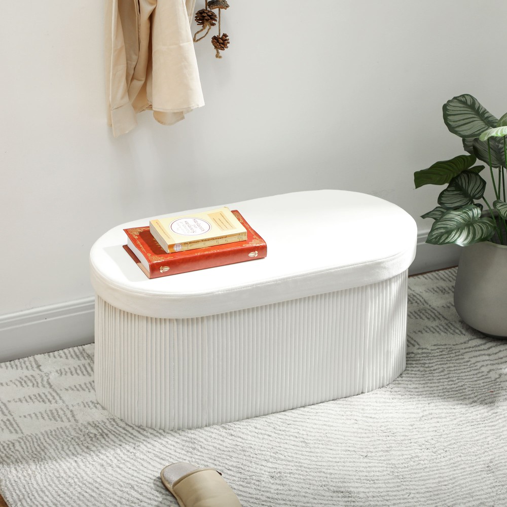 Πάγκος με αποθηκευτικό χώρο, πτυσσόμενος, ταπετσαρισμένος πάγκος με όψη βελούδου για σαλόνι 76 x 38 x 35 cm Κρεμ