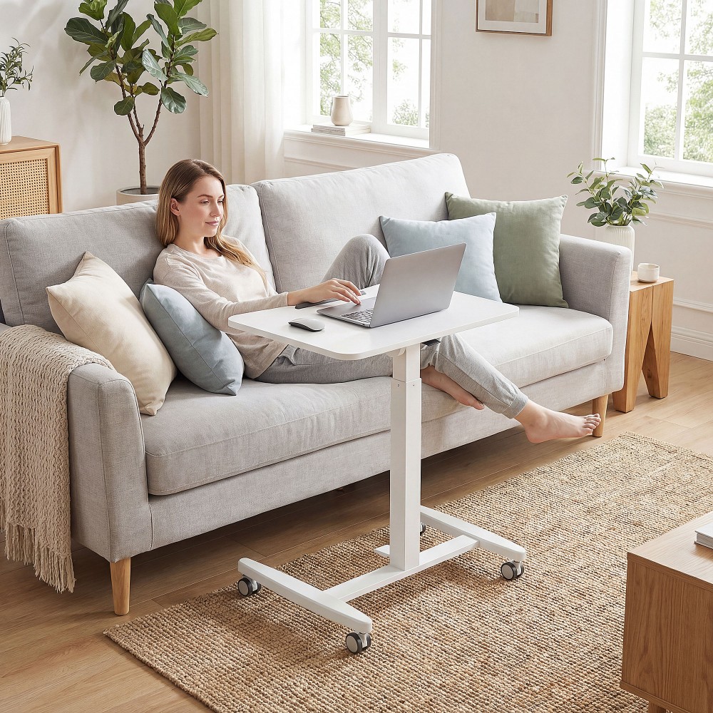 Ρυθμιζόμενο καθ' ύψος γραφείο, τροχήλατο γραφείο με κεκλιμένη επιφάνεια, στοπ ασφαλείας, ροδάκια, λευκό