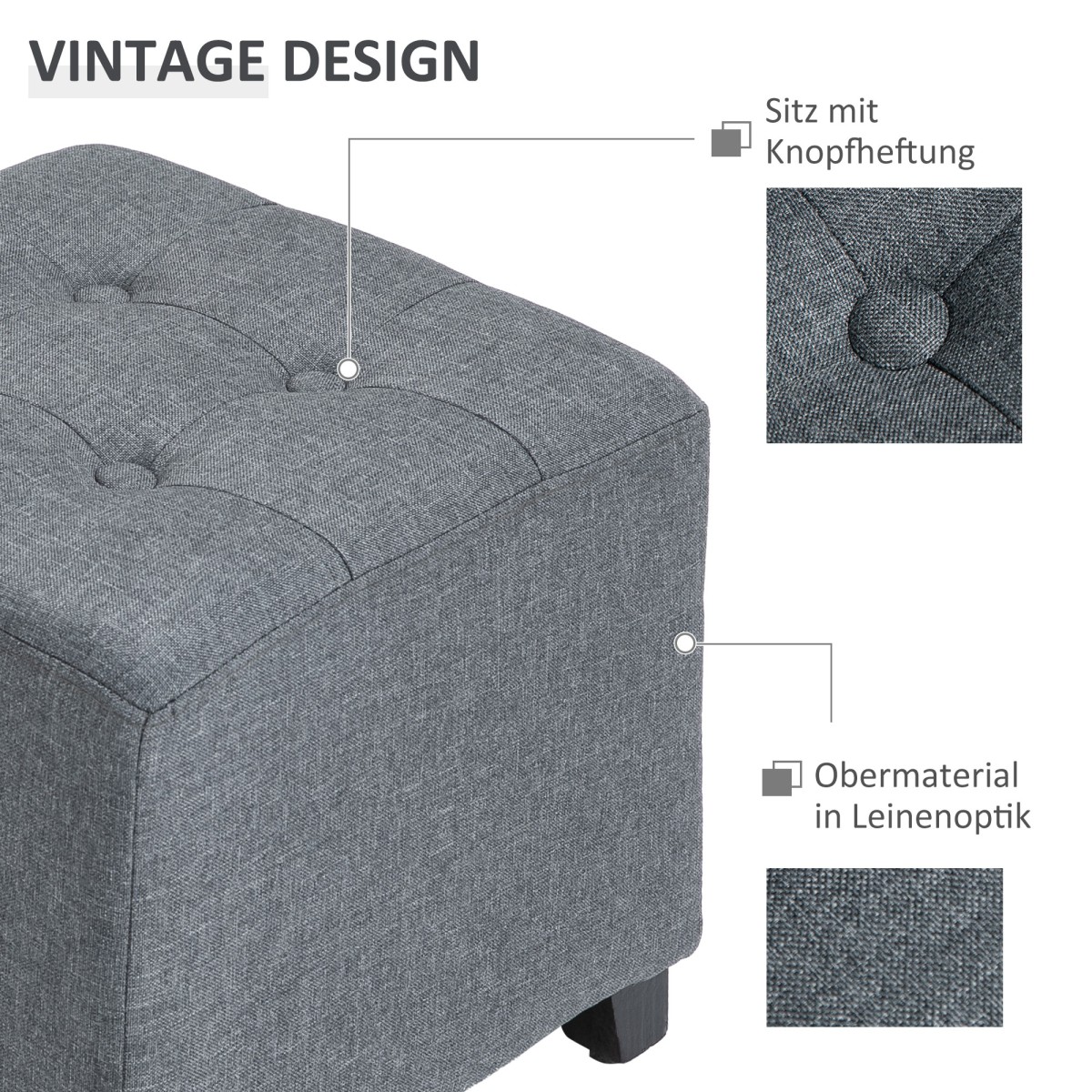 HOMCOM Σκαμπό, Κάθισμα Σκαμπό, Κουμπωτό, Όψη Λινού, 35 εκ. x 35 εκ. x 35 εκ., Γκρι