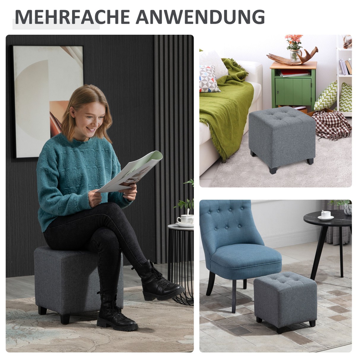 HOMCOM Σκαμπό, Κάθισμα Σκαμπό, Κουμπωτό, Όψη Λινού, 35 εκ. x 35 εκ. x 35 εκ., Γκρι