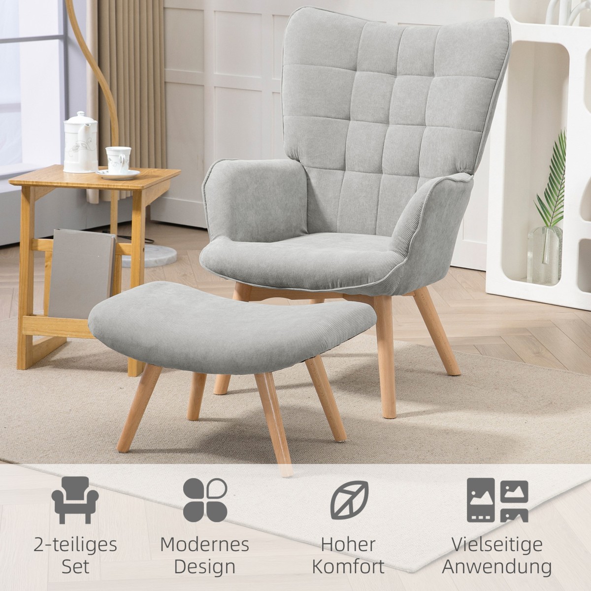 Καρέκλα Accent με σκαμπό Καρέκλα χαλάρωσης κοτλέ όψη Πολυθρόνα με ξύλινα πόδια για σαλόνι γκρι