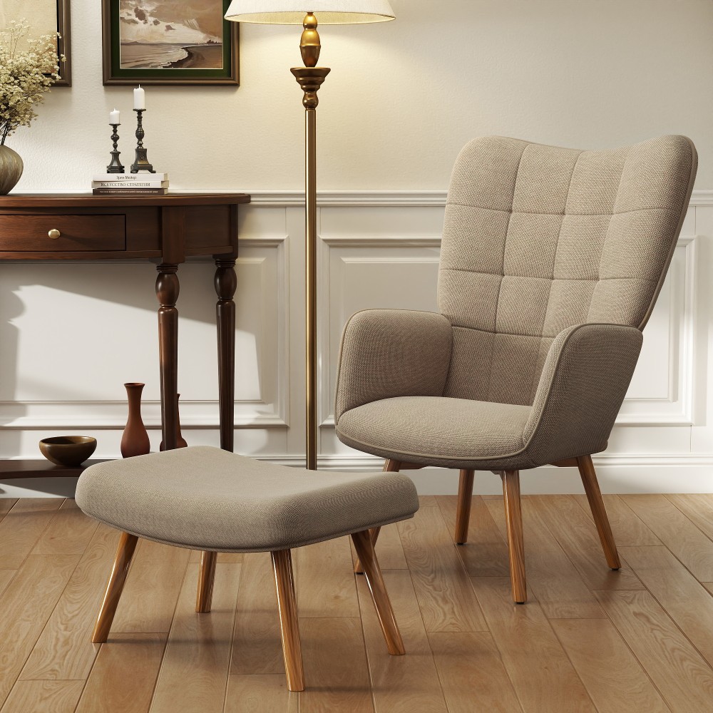 Καρέκλα Accent με σκαμπό, Cord Look Relax Chair, Πολυθρόνα με ξύλινα πόδια, για σαλόνι, ανοιχτό καφέ