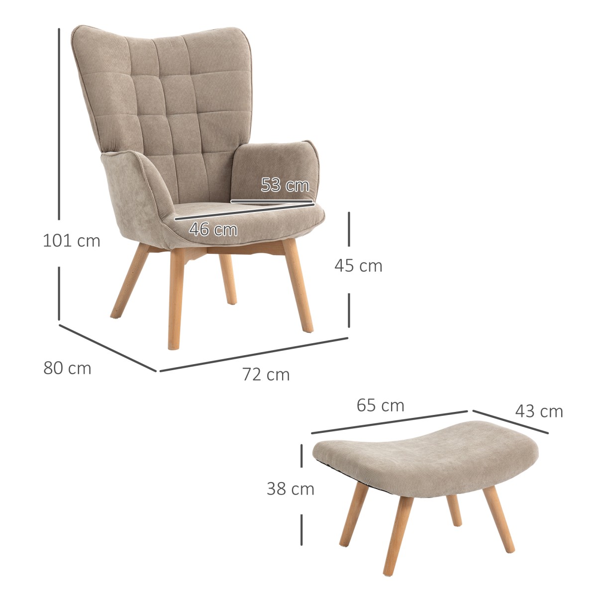 Καρέκλα Accent με σκαμπό, Cord Look Relax Chair, Πολυθρόνα με ξύλινα πόδια, για σαλόνι, ανοιχτό καφέ